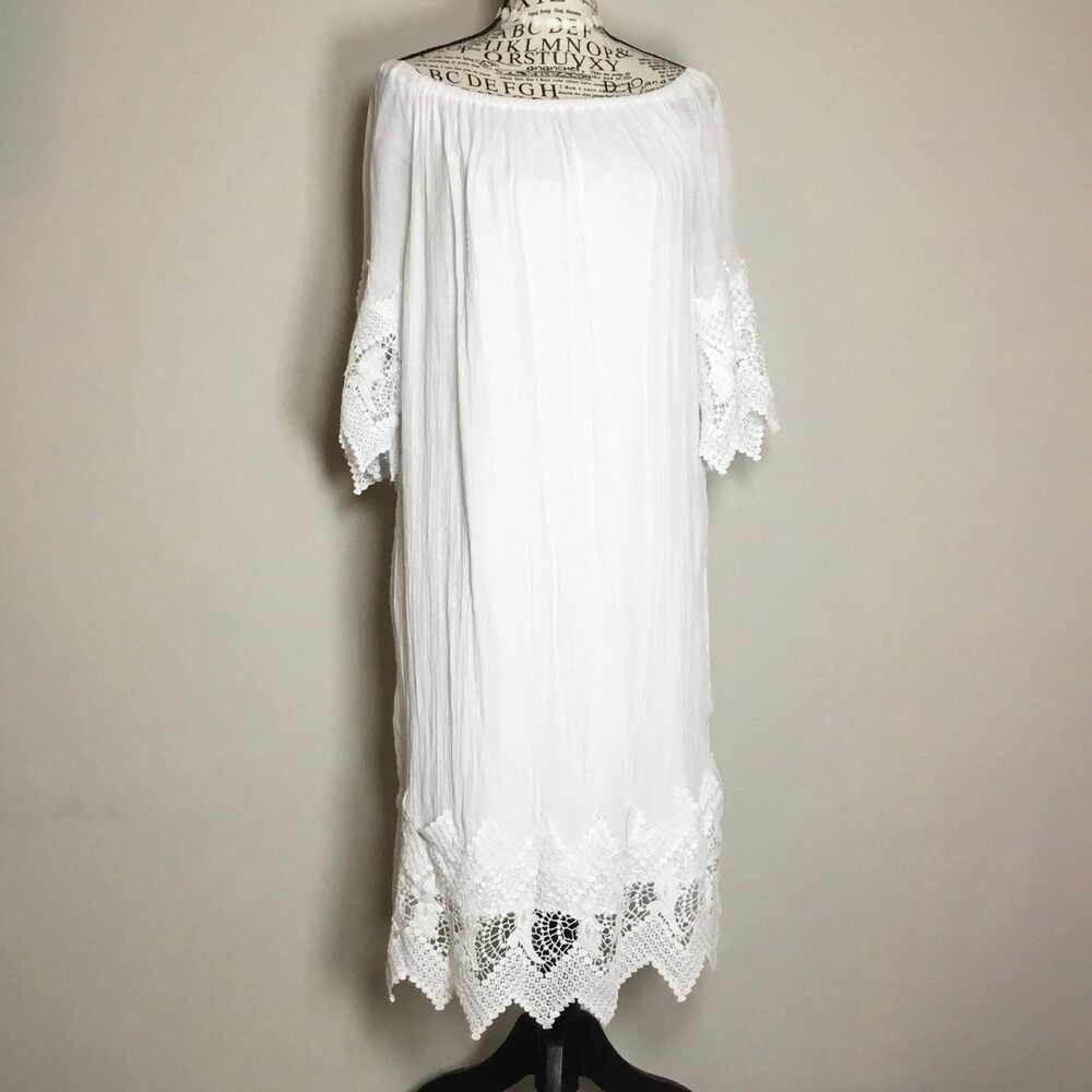 Mlle Gabrielle white crochet dress midi 1/2 sleeve beachy gauzy summer coastal L